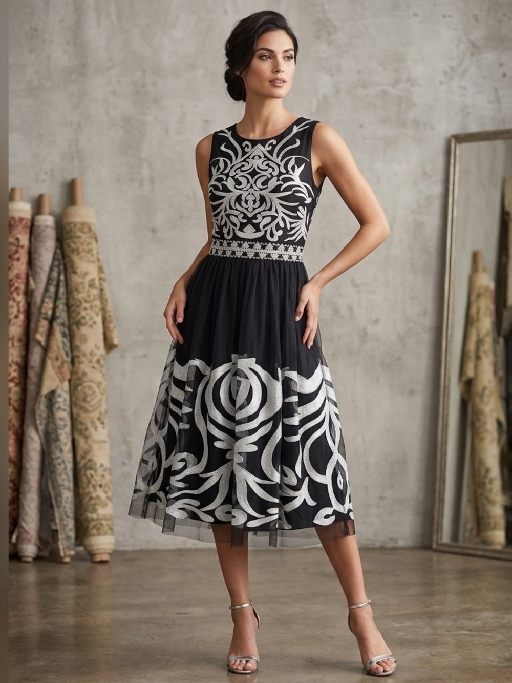 NWT BEBE Baroque Embroidered Mesh Midi Dress Black Silver 8